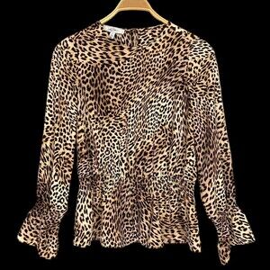 Libby Edelman Blouse sz XS Animal Print Long Sleeve Peplum Smocked Waist Top EUC